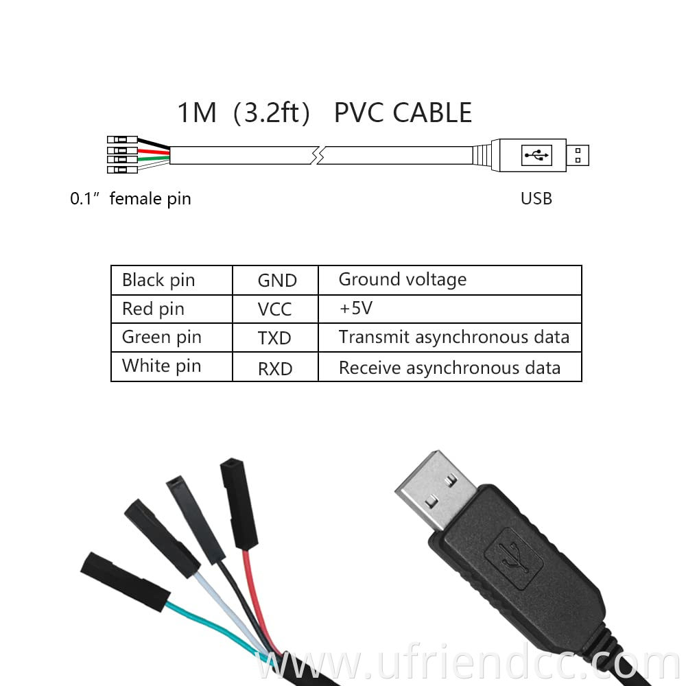 1 Meter USB to TTL Serial Port Cable RS232 0.1 Inch 4 Pin Female 3.3V Converter